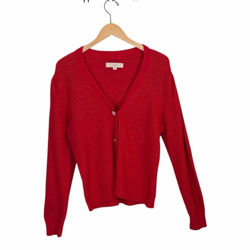 LOFT WOMENS RED BUTTON UP LONG SLEEVE CARDIGAN GEMSTONE BUTTONS SIZE MEDIUM